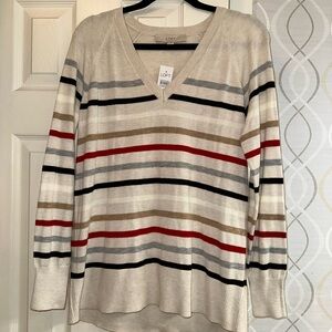 LOFT V-Neck Sweater with Stripes - Cream, Black, Red, Tan